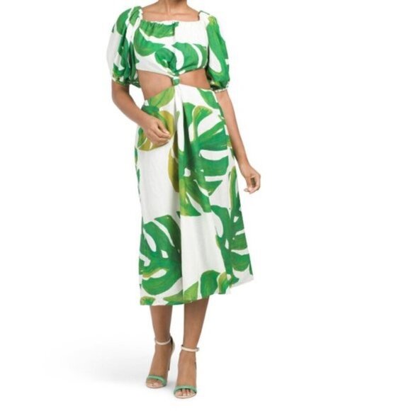 FARM RIO Linen Blend Monstera Midi Knot Dress - Picture 5 of 12